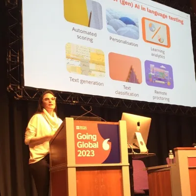 Dr Carla Pastorino from Cambridge University Press & Assessment presenting on Generative AI at Going Global 2023.