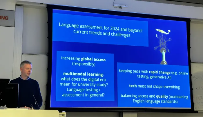 Dr Tony Clark, Head of IELTS Research presenting about current trends in language assessment at London UCL