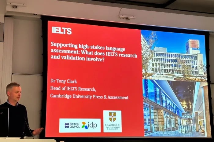Dr Tony Clark, Head of IELTS Research, presenting to students and HE professionals at London UCL