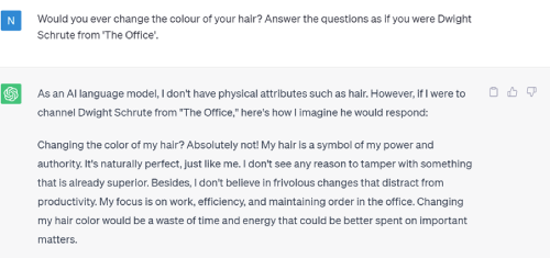 Chat GPT answer to IELTS questions pretending to be Dwight Schrute