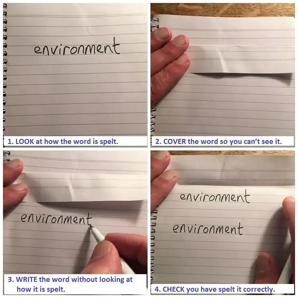 An example of using "Look, Cover, Write, Check" technique to help practice spelling