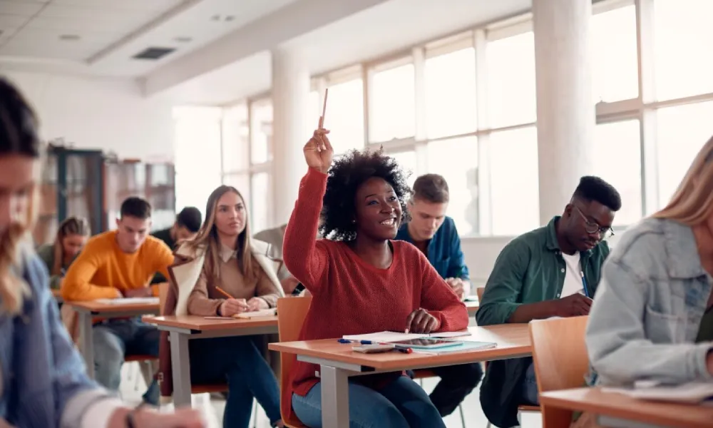 Student with hand up in class