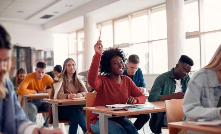 Student with hand up in class
