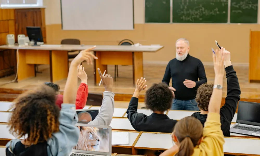 Students raising their hands in a class
