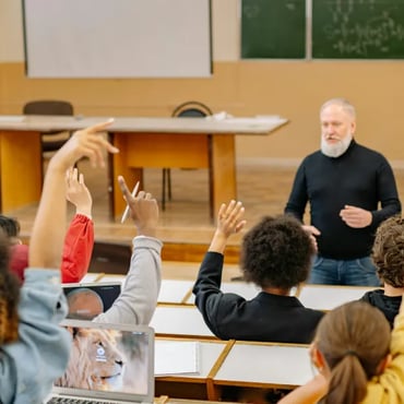 Students raising their hands in a class