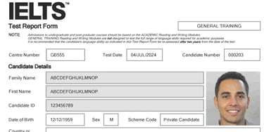 Close-up of IELTS Test Report Form showing candidate details