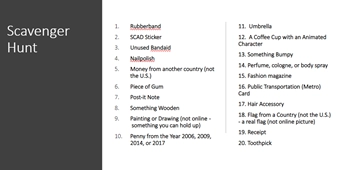 Example of a Zoom scavenger hunt list used as an ESL classroom icebreaker activity