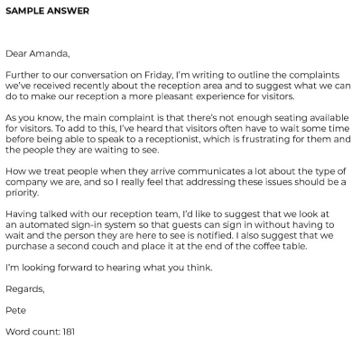 IELTS General Training Writing Task 1 sample answer for a semi-formal letter