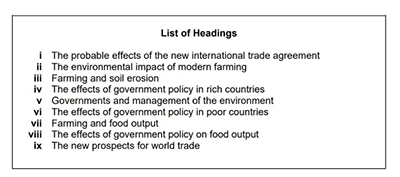Example list of headings used in IELTS Reading matching headings practice task