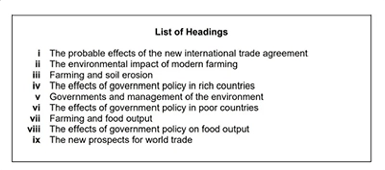Example list of headings used in IELTS Reading matching headings practice task