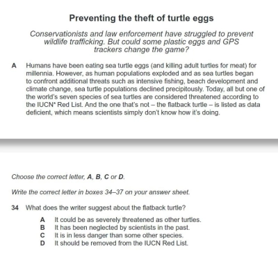 IELTS Reading multiple choice question about preventing turtle egg theft