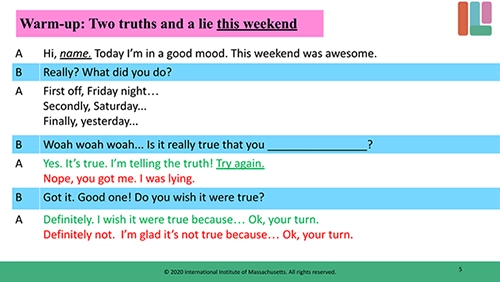 IELTS speaking activity two truths one lie weekend