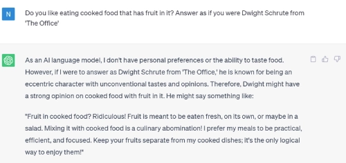 AI-generated IELTS speaking answer responding as a TV character to a personal question