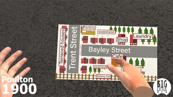 Virtual reality view of a map with streets, buildings and labelled locations