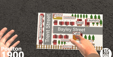 Virtual reality view of a map with streets, buildings and labelled locations