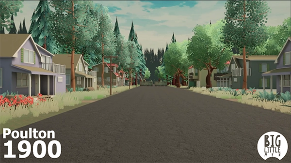 Virtual reality street scene showing houses and trees