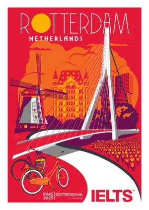 Illustrated poster of Rotterdam Netherlands with IELTS branding and city landmarks