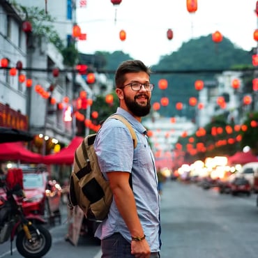 Traveller standing city street - right