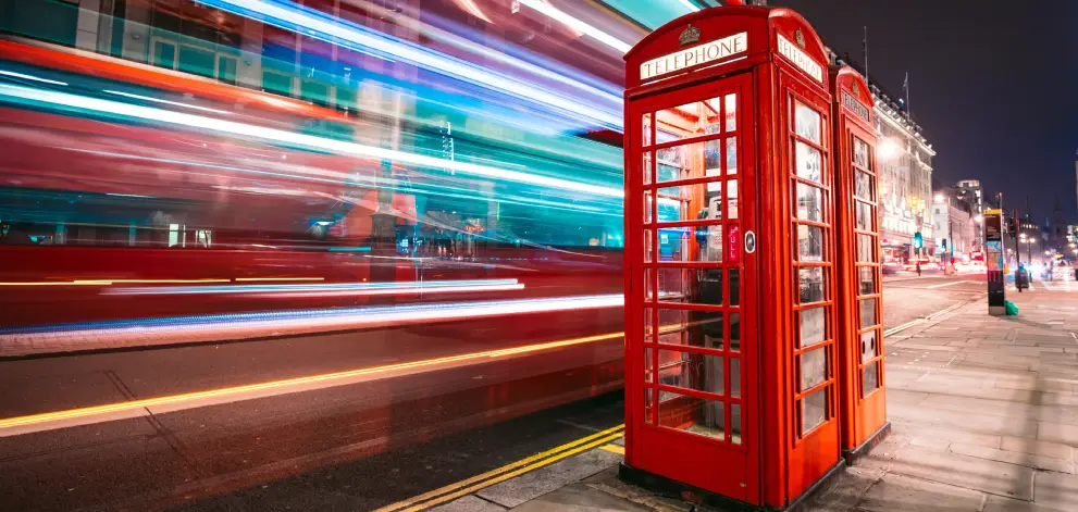 London red telephone box at night
