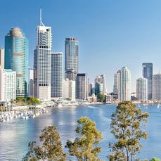 Brisbane city skyline and riverside buildings along the Brisbane River in Australia