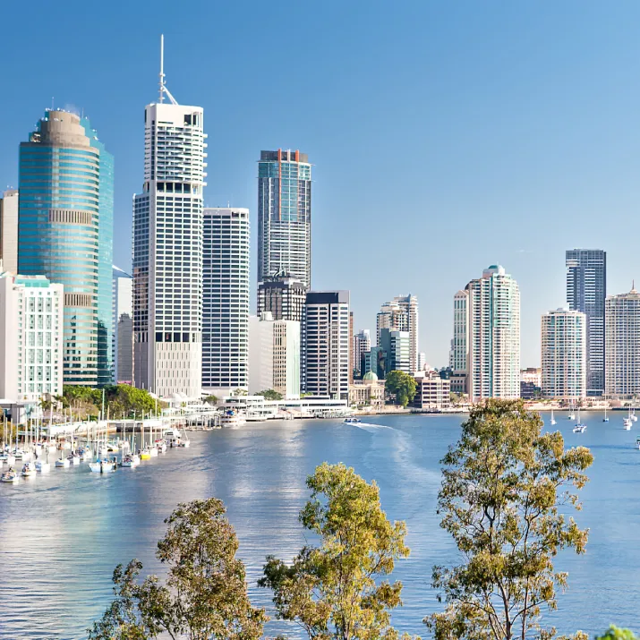 Brisbane city skyline and riverside buildings along the Brisbane River in Australia