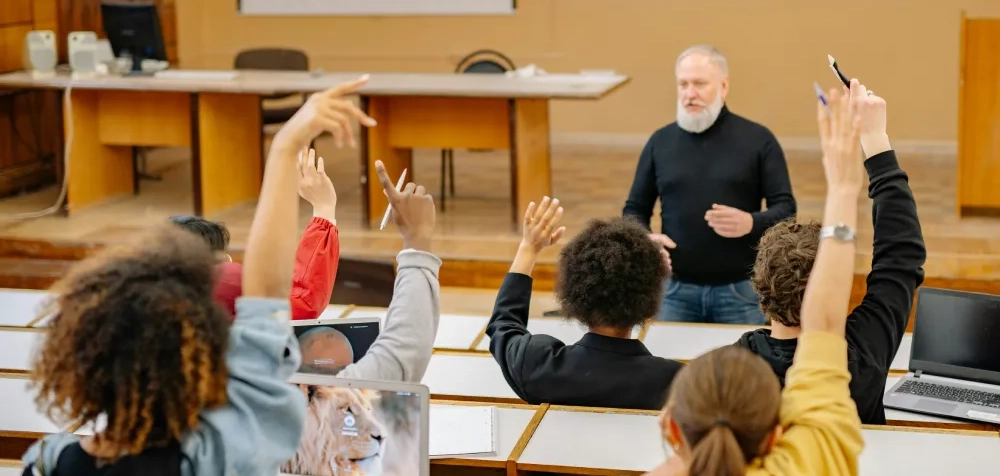 Students raising their hands in a class