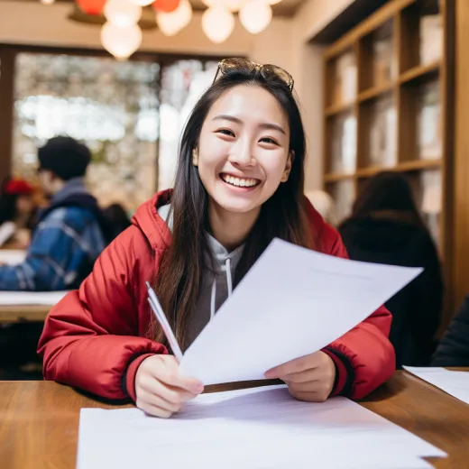 Student holding test paper smiling