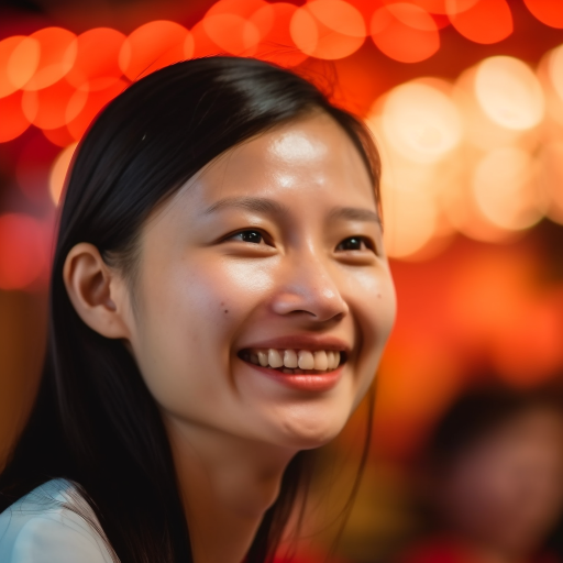 Woman with long dark hair in front of bokeh lights