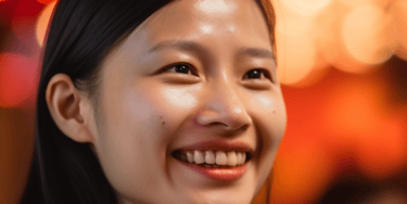 Woman with long dark hair in front of bokeh lights