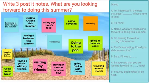 Jamboard speaking activity on summer plans with student dialogue script