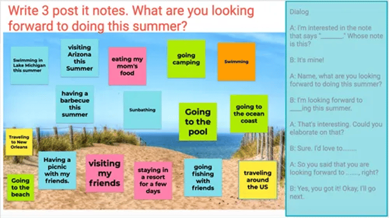 Jamboard speaking activity on summer plans with student dialogue script