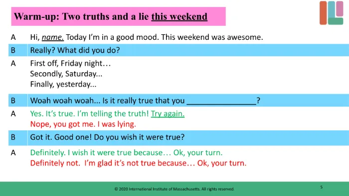 Two truths and a lie speaking script for weekend reflections