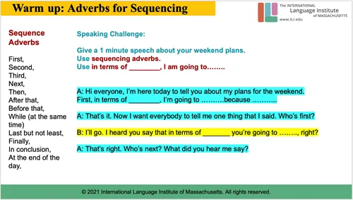 Weekend plans speaking script using sequencing adverbs