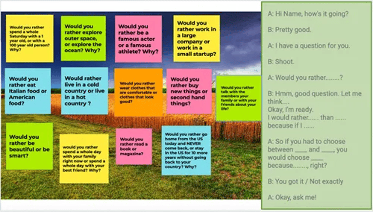 Would you rather speaking activity with dialogue script to boost student talk time