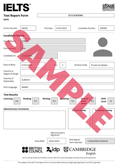 Sample IELTS Test Report Form with Ofqual logo