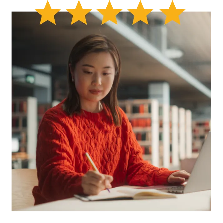 IELTS USA five stars woman in red sweater