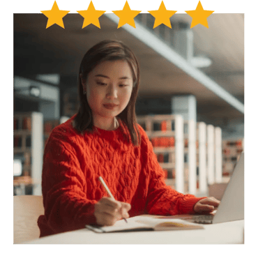 IELTS USA five stars woman in red sweater