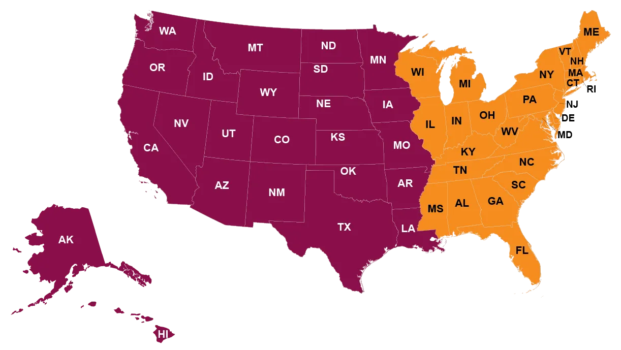IELTS USA representative territory map showing US states divided into regional areas