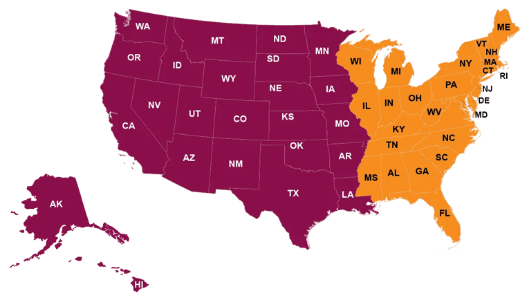 IELTS USA representative territory map showing US states divided into regional areas